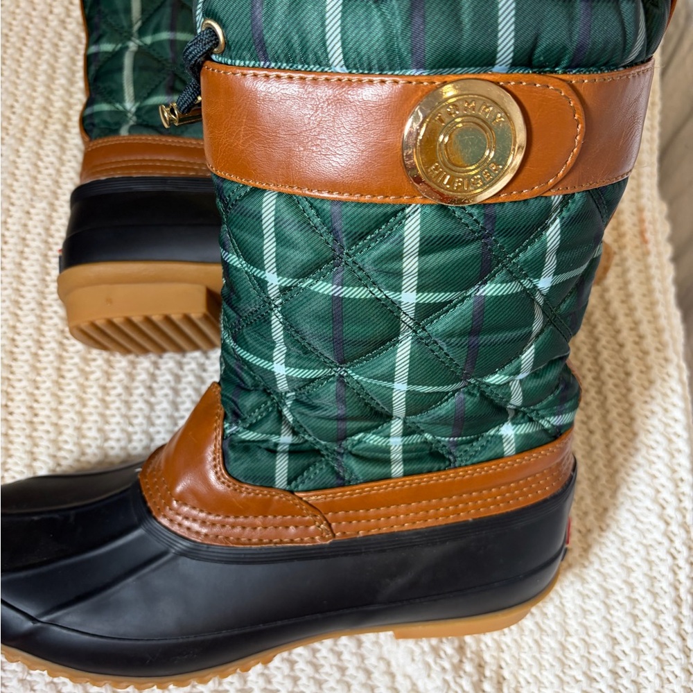 Green Plaid Duck Boots with Brown Accents